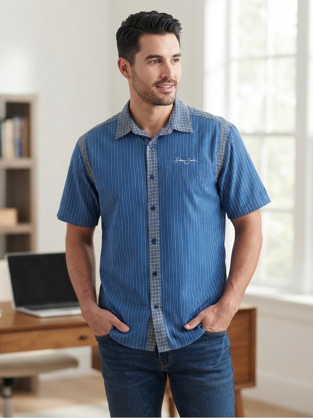 Sean John Blue Short-Sleeve Button-Down Shirt with Contrast Trim